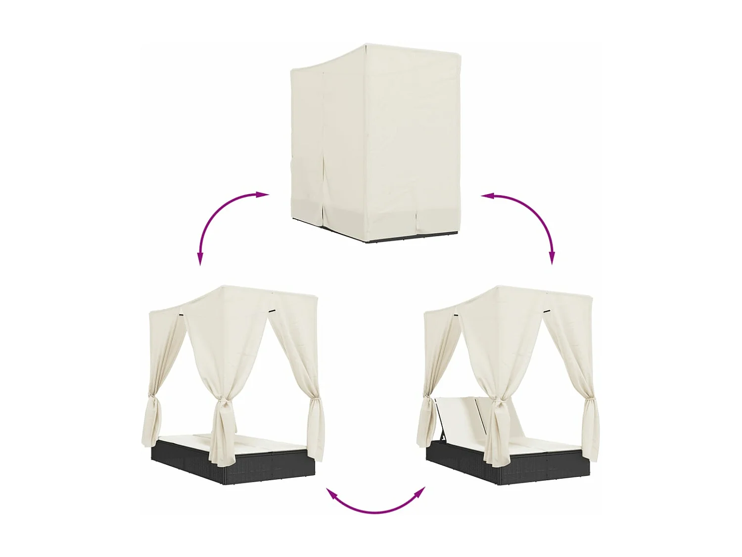 Chaise longue double avec toit et rideaux noir résine tressée