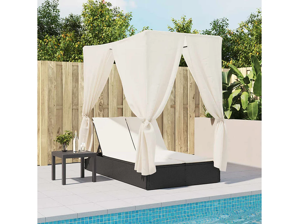 Chaise longue double avec toit et rideaux noir résine tressée
