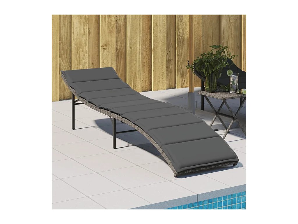 Chaise longue avec coussin gris 55x199x50 cm résine tressée