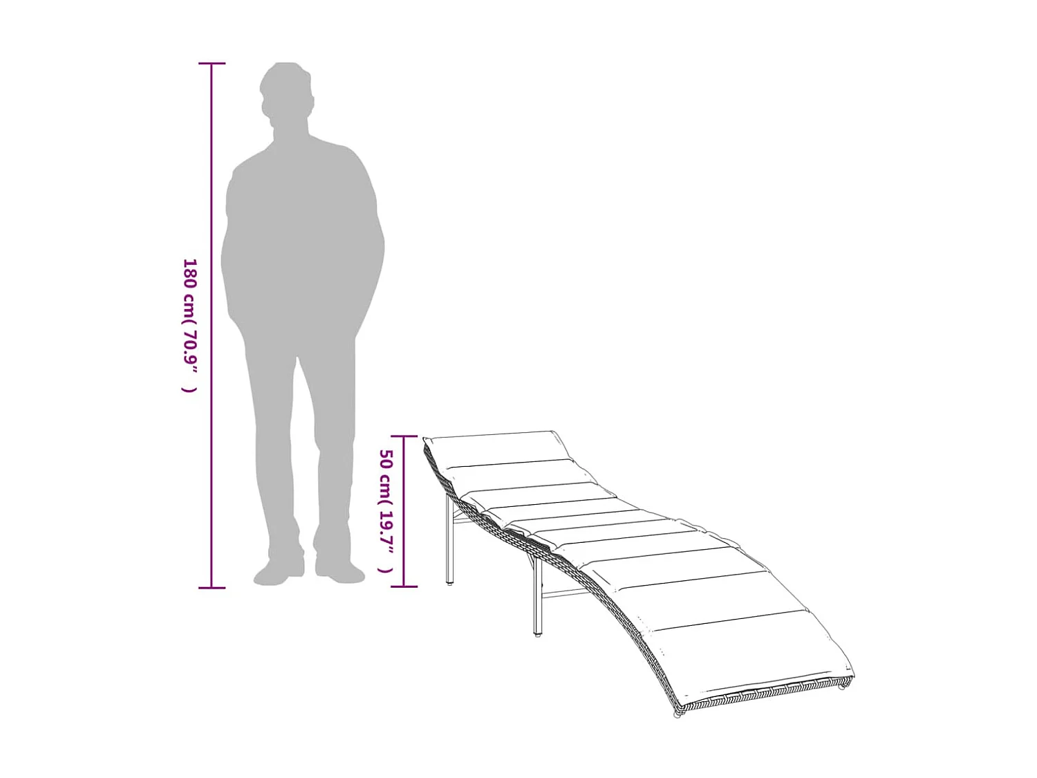 Chaise longue avec coussin gris 55x199x50 cm résine tressée