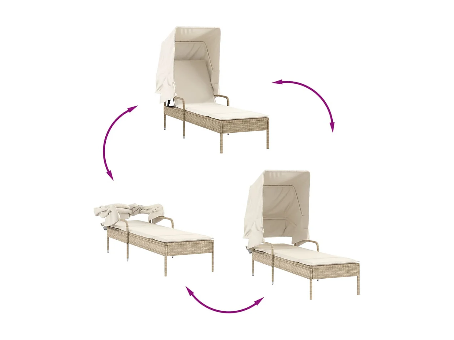 Sedia a sdraio con baldacchino e tavolino in resina intrecciata beige