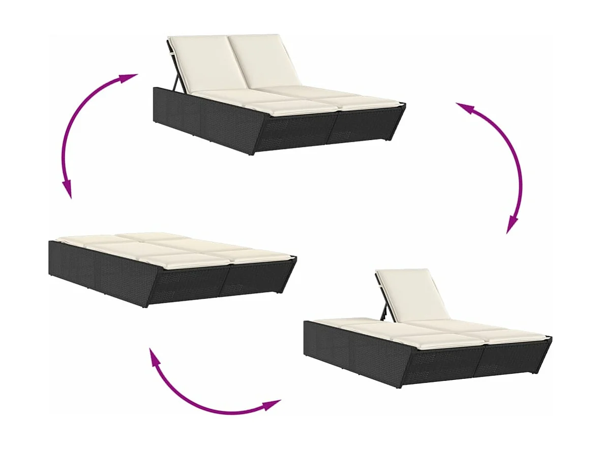 Chaise longue double avec coussins noir résine tressée