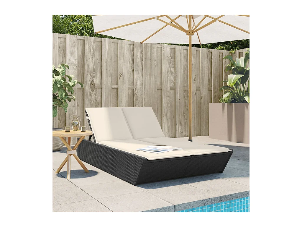 Chaise longue double avec coussins noir résine tressée