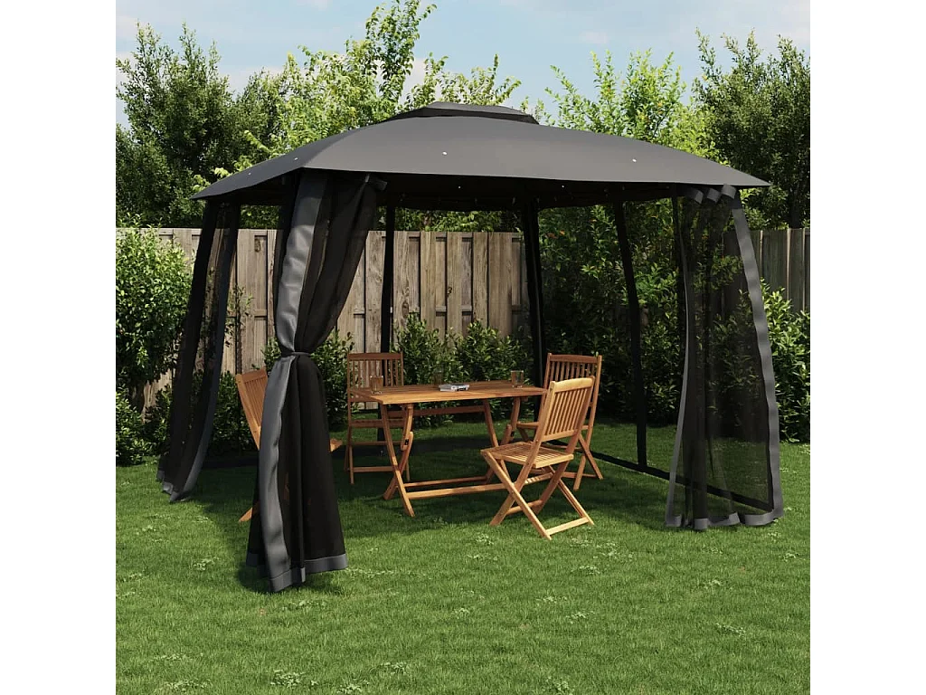 Tonnelle avec double toit et parois en filet anthracite acier