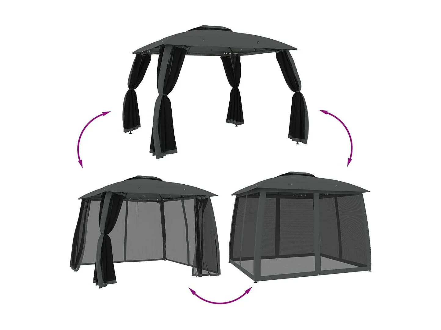 Tonnelle avec double toit et parois en filet anthracite acier