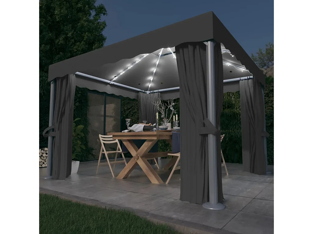 Tonnelle avec rideau et guirlande lumineuse LED 3x3m Anthracite