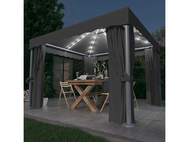 Tonnelle avec rideau et guirlande lumineuse LED 3x3m Anthracite