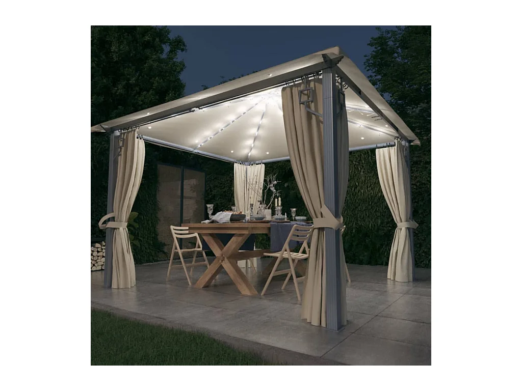 Gazebo con Tende Stringa di Luci LED 300x300 cm Crema Alluminio