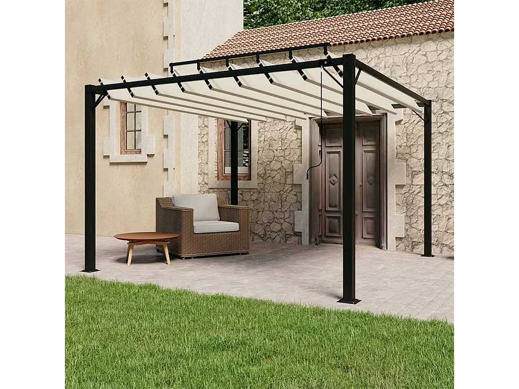 Gazebo con Tetto a Lamelle 3x3 m in Tessuto Crema e Alluminio