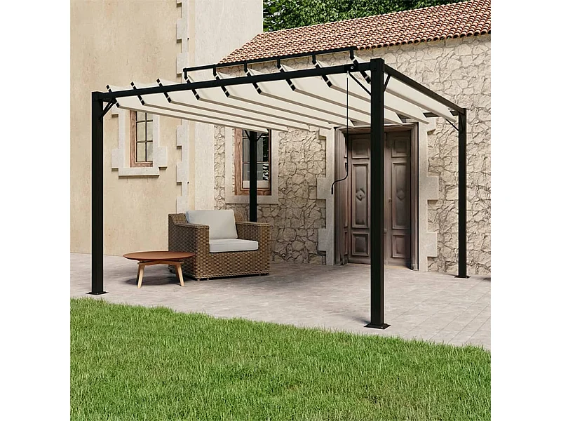 Gazebo con Tetto a Lamelle 3x3 m in Tessuto Crema e Alluminio