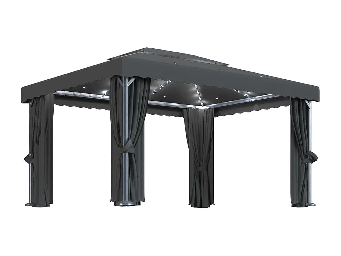 Cenador con cortina y tira de luz LED aluminio antracita 4x3 m