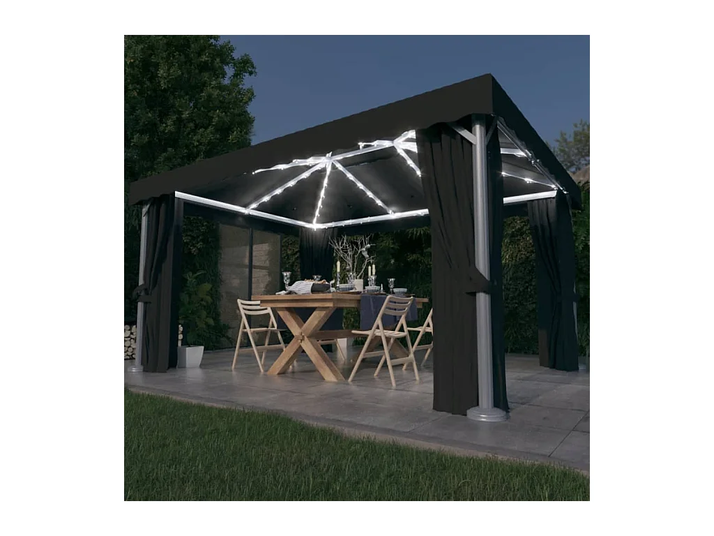 Tonnelle avec rideau et guirlande lumineuse LED 4x3m Anthracite
