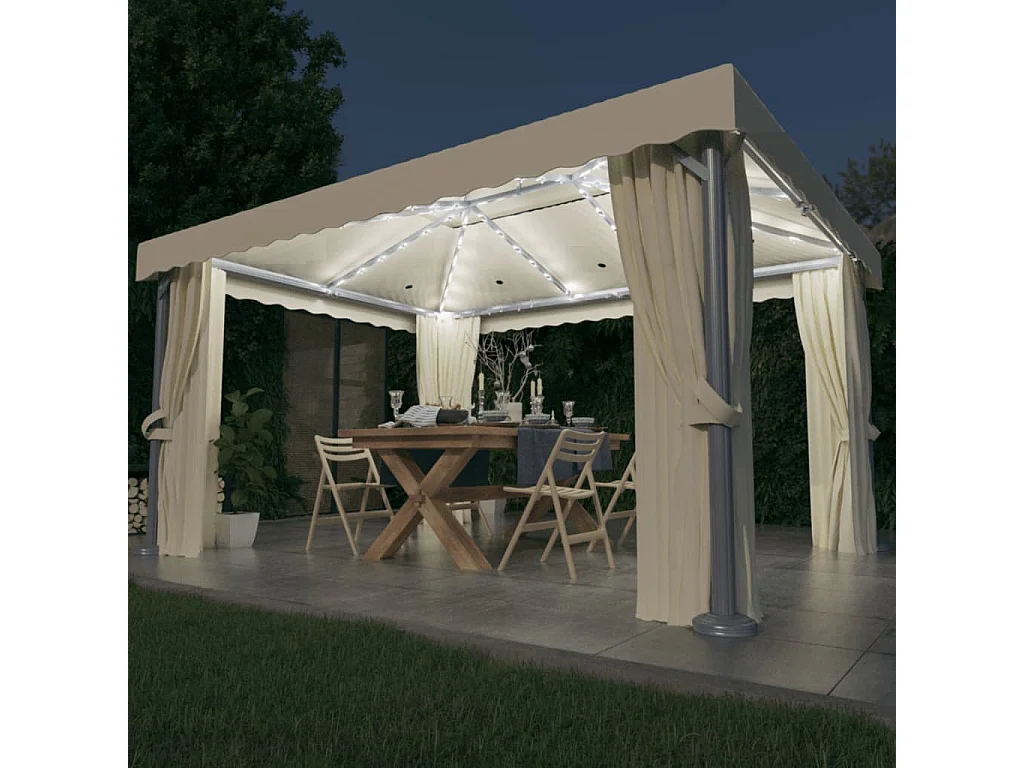 Cenador con cortina y tira de luces LED aluminio crema 4x3 m