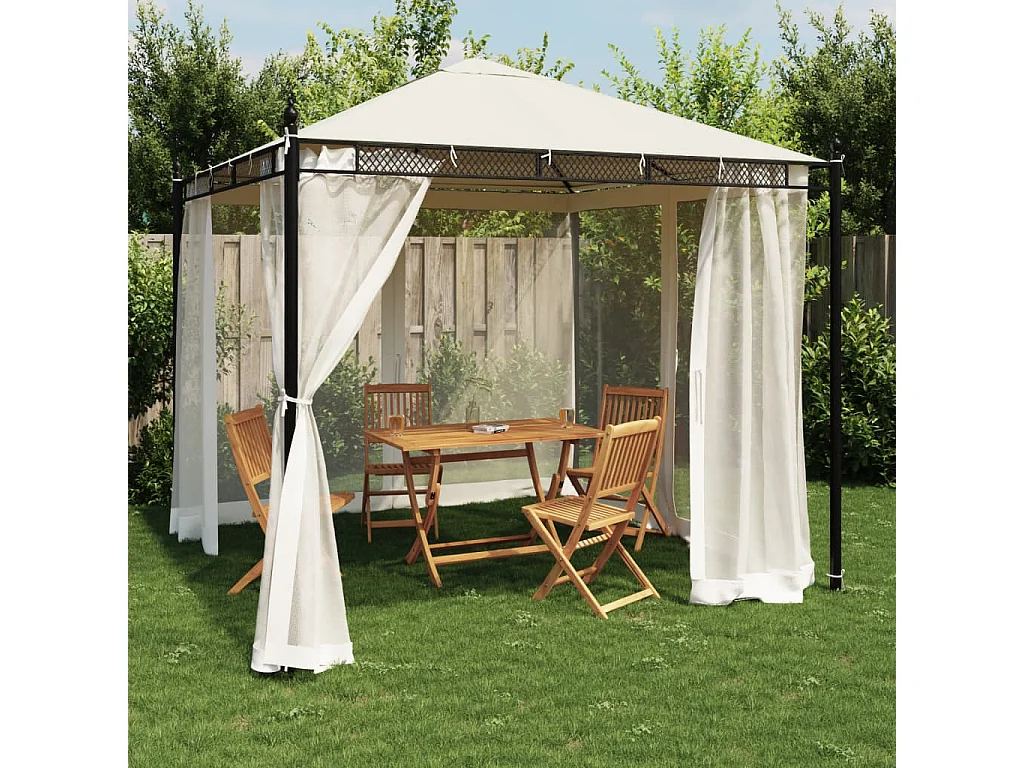 Tonnelle avec parois en filet crème 2,93x2,93 m acier