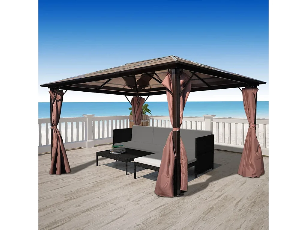 Gazebo com cortina 400 x 300 cm alumínio castanho