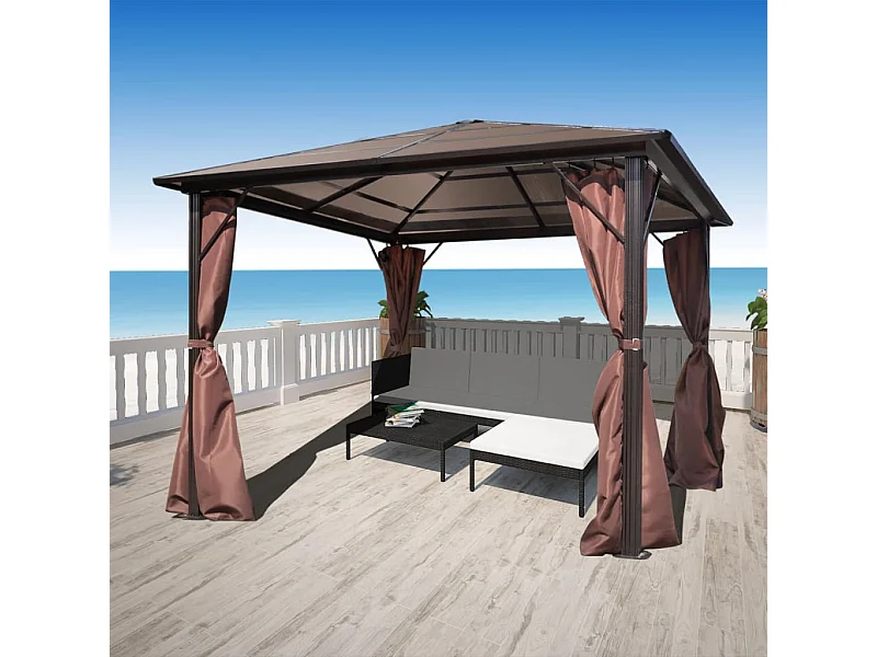 Gazebo com cortina 300 x 300 cm alumínio castanho