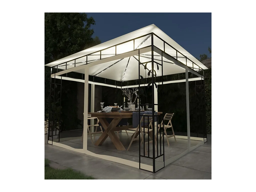 Pavillon mit Moskitonetz & LED-Lichterkette 3x3x2,73m Cremeweiß