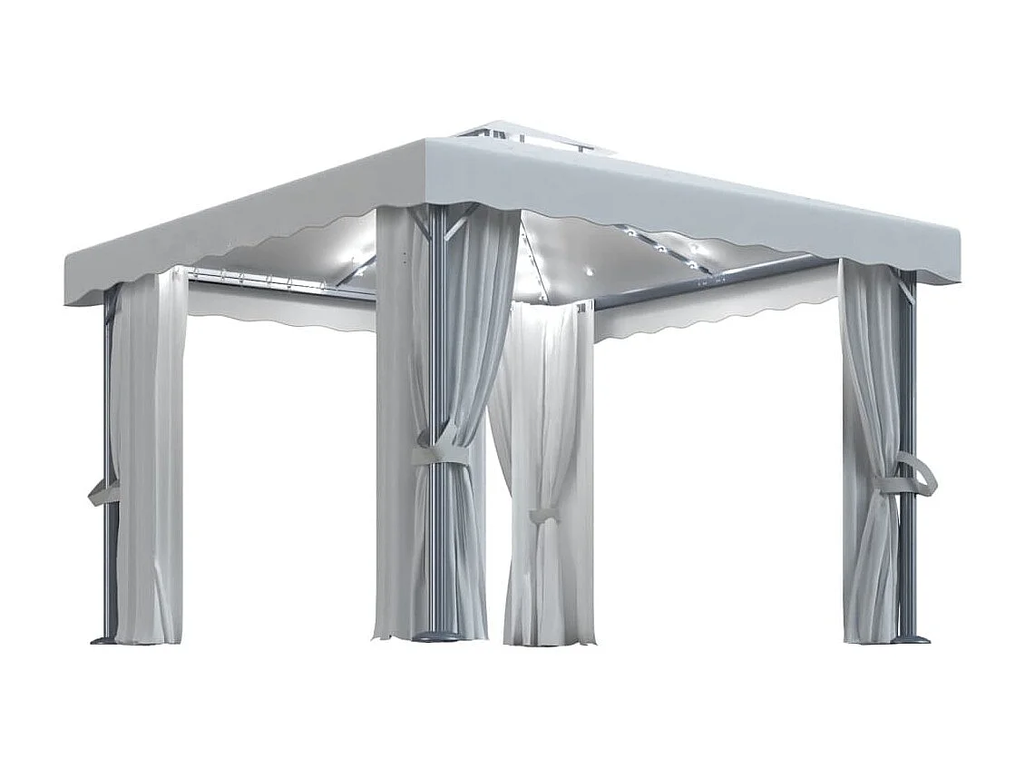 Cenador con cortina y tira de luces LED aluminio crema 3x3 m