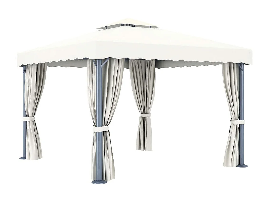 Cenador con cortina y tira de luces LED aluminio crema 3x3 m