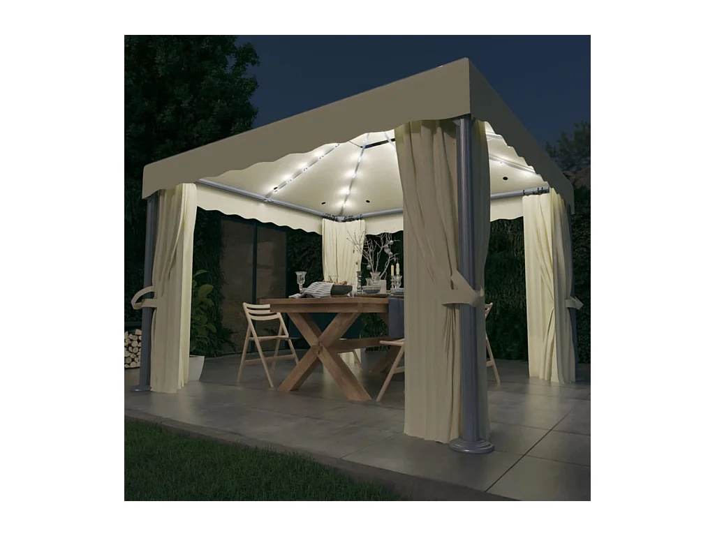 Tonnelle et rideau et guirlande lumineuse LED 3x3 m Blanc crème
