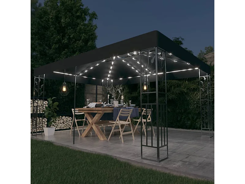 Cenador con doble techo y tira de luces LED antracita 3x4 m