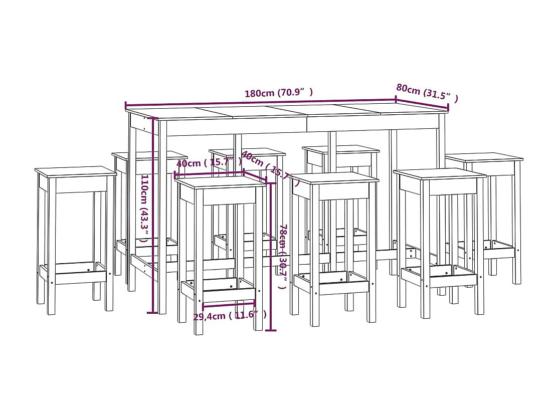Set da bar 9 pezzi. Legno di pino massiccio bianco