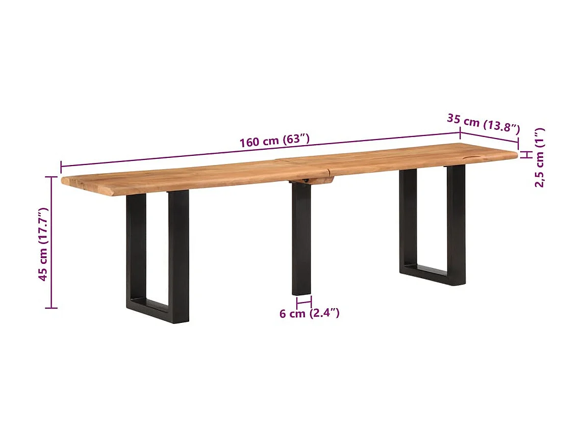 Banc 160 cm bois d'acacia massif et acier