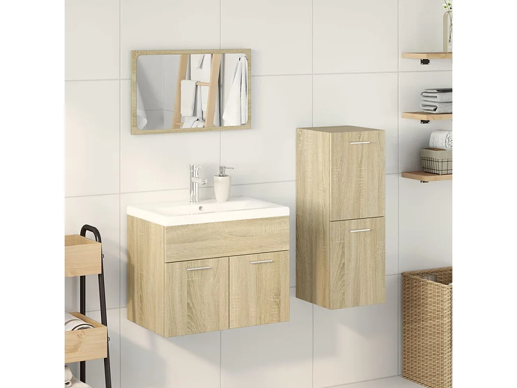 4-teiliges Badezimmer-Waschtischset aus Sonoma-Eiche