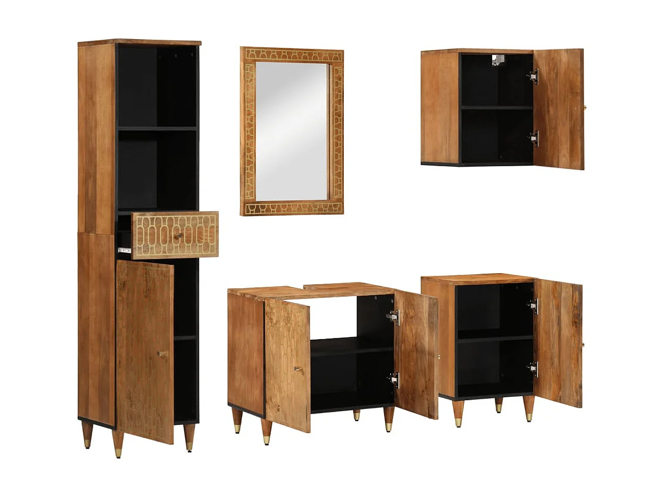 Set di mobili da bagno da 5 pezzi in legno massello di mango