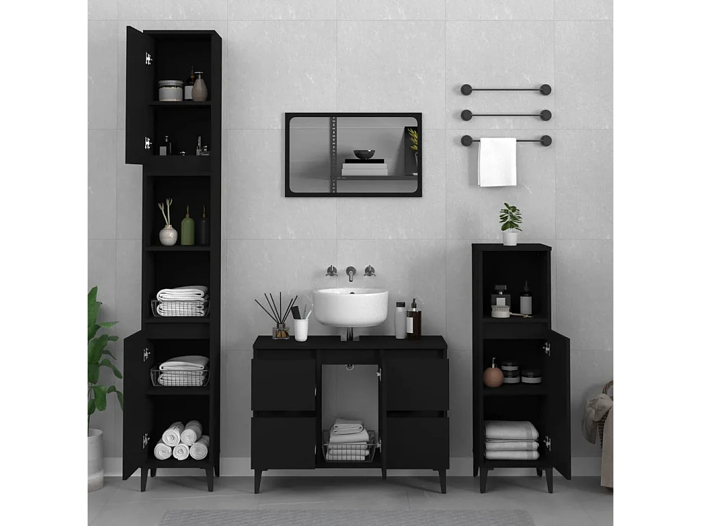 Badezimmermöbel-Set, 3-teilig, schwarzes Holzwerkstoff