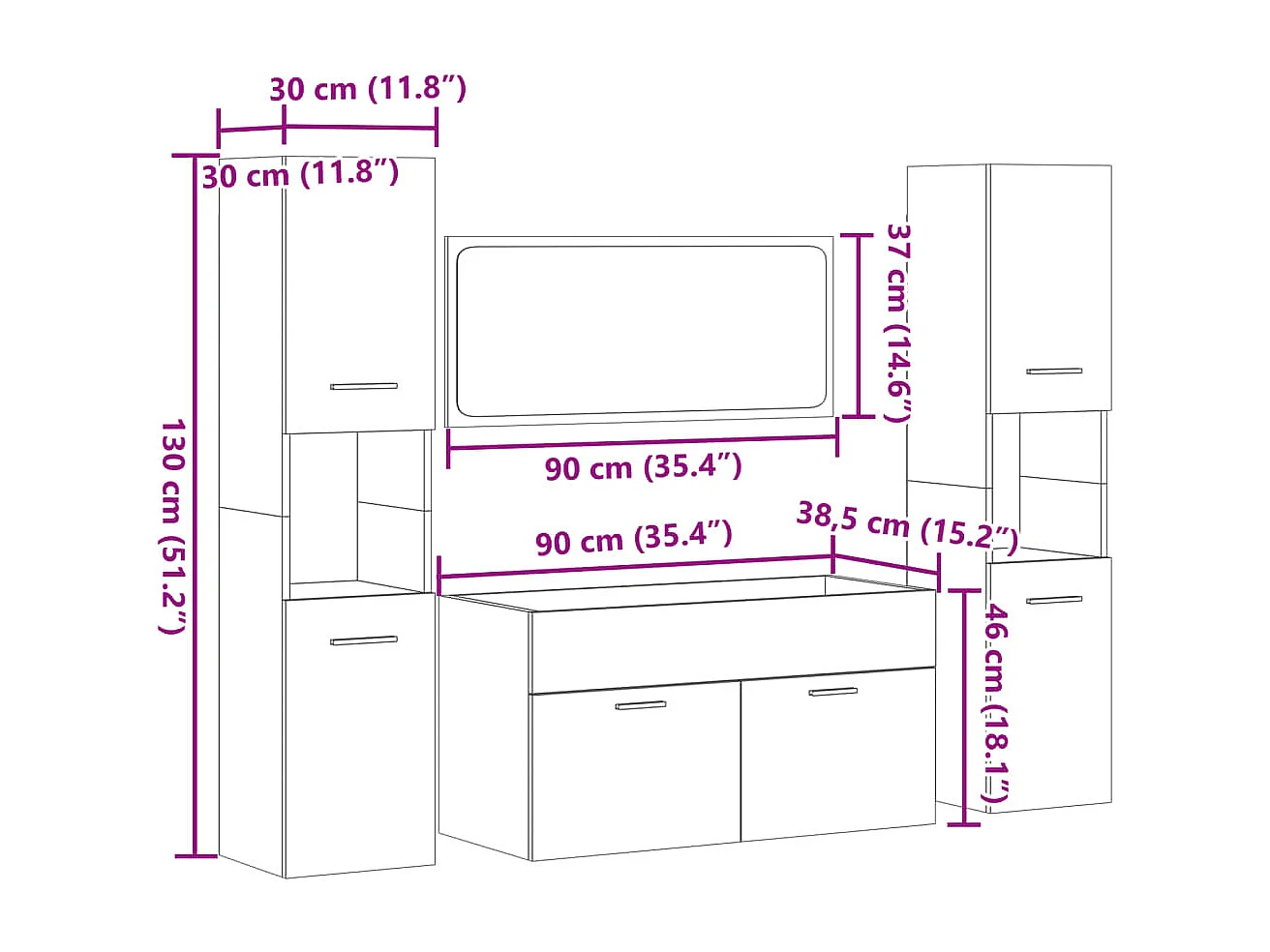 Conjunto de toucador de banheiro Sonoma Oak de 4 peças