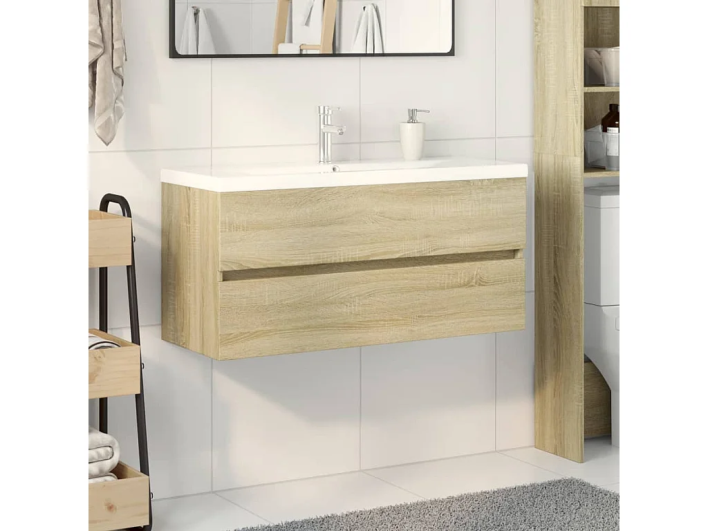 Ensemble de meubles de bain 2pcs céramique et bois d'ingénierie