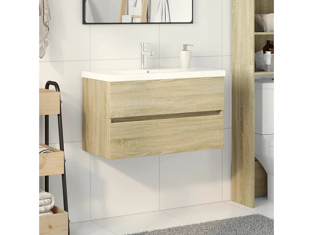 Ensemble de meubles de bain 2pcs céramique et bois d'ingénierie