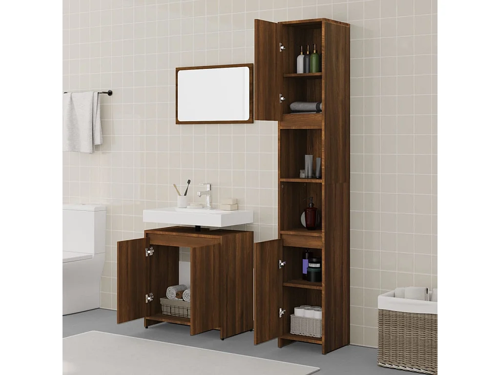 Conjunto de móveis de banheiro 3 peças marrom carvalho