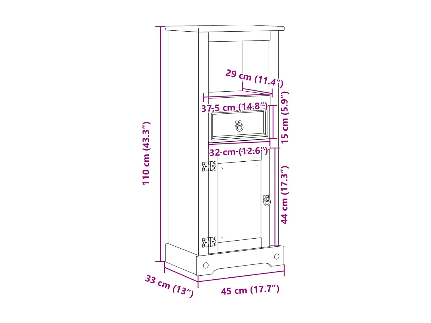 Mobile da bagno Corona 45x33x110 cm in legno massello di pino