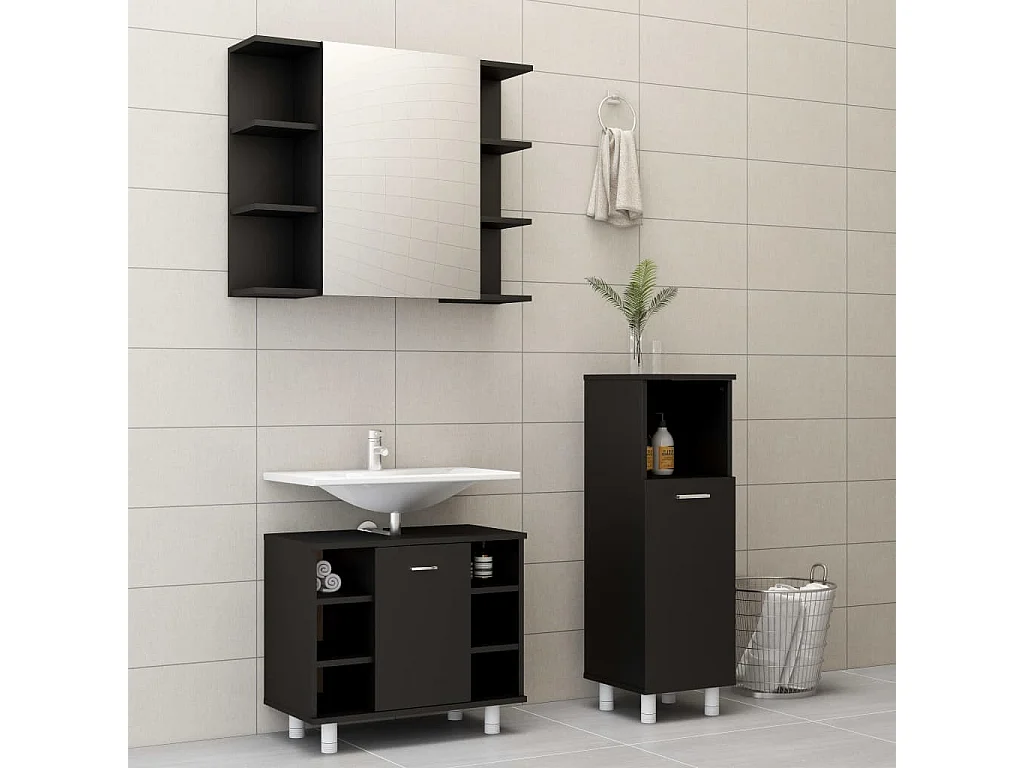 Ensemble de meubles de salle de bain 3 pcs Noir Aggloméré