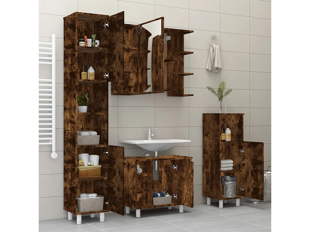 Set mobiletto da bagno da 4 pezzi in rovere affumicato