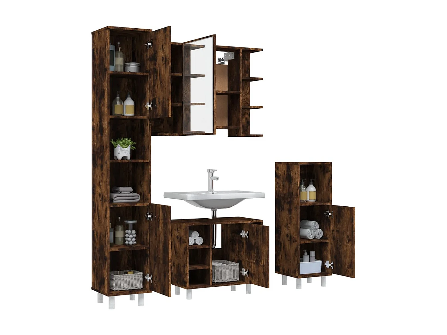 Set mobiletto da bagno da 4 pezzi in rovere affumicato