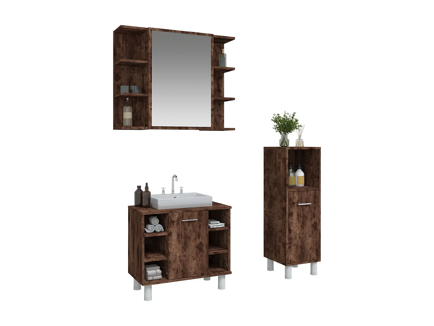 Set mobiletto da bagno da 3 pezzi in rovere affumicato