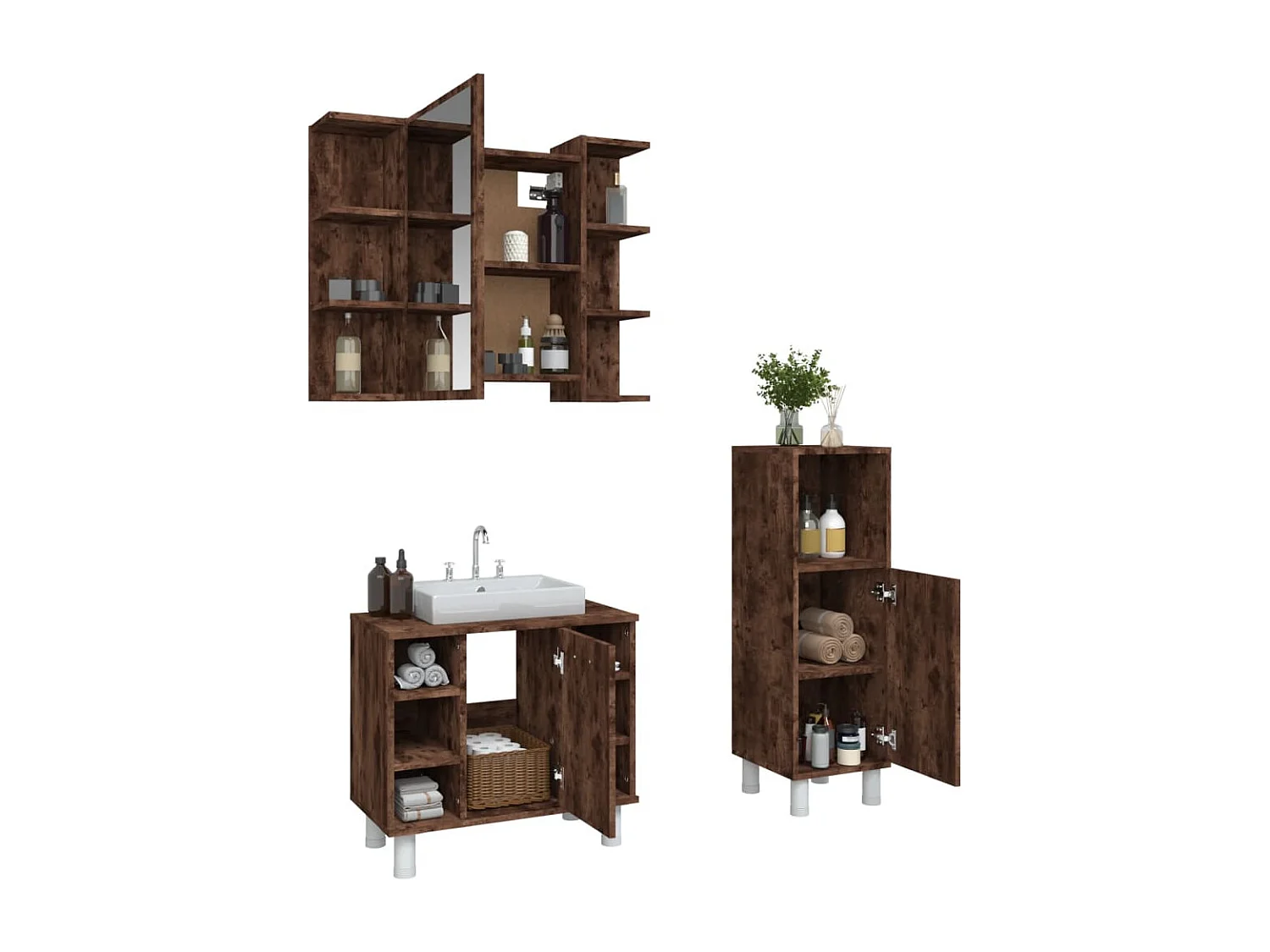 Set mobiletto da bagno da 3 pezzi in rovere affumicato