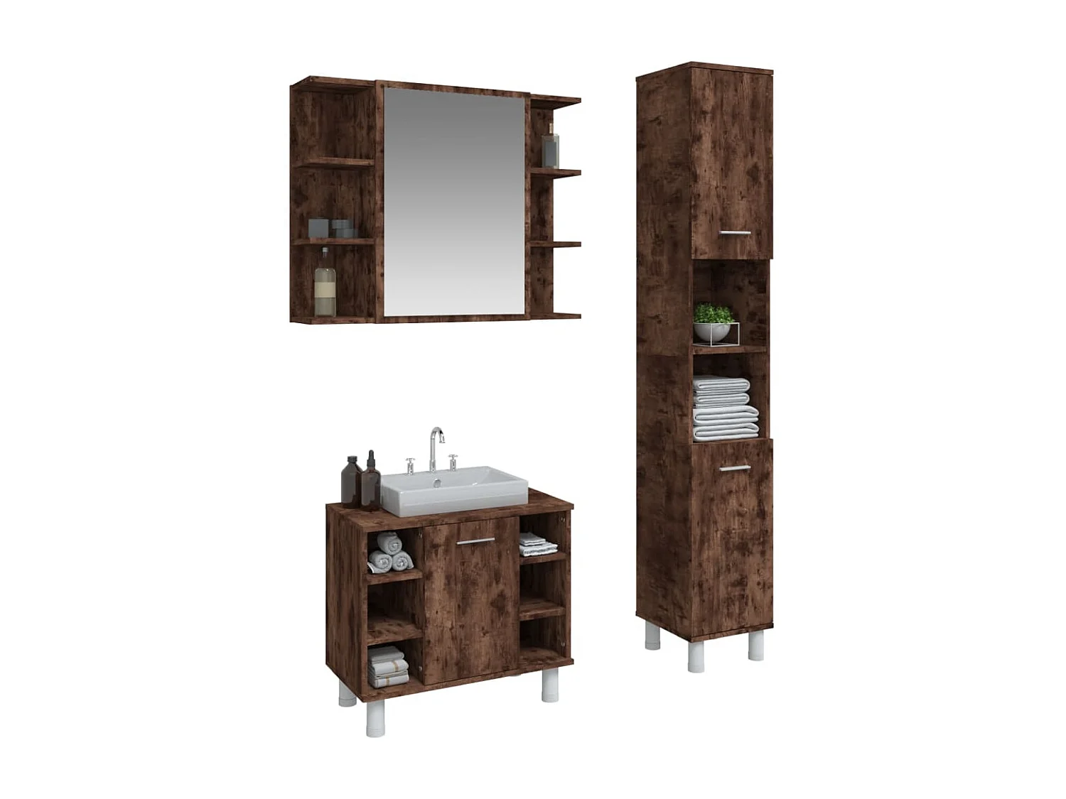 Set mobiletto da bagno da 3 pezzi in rovere affumicato