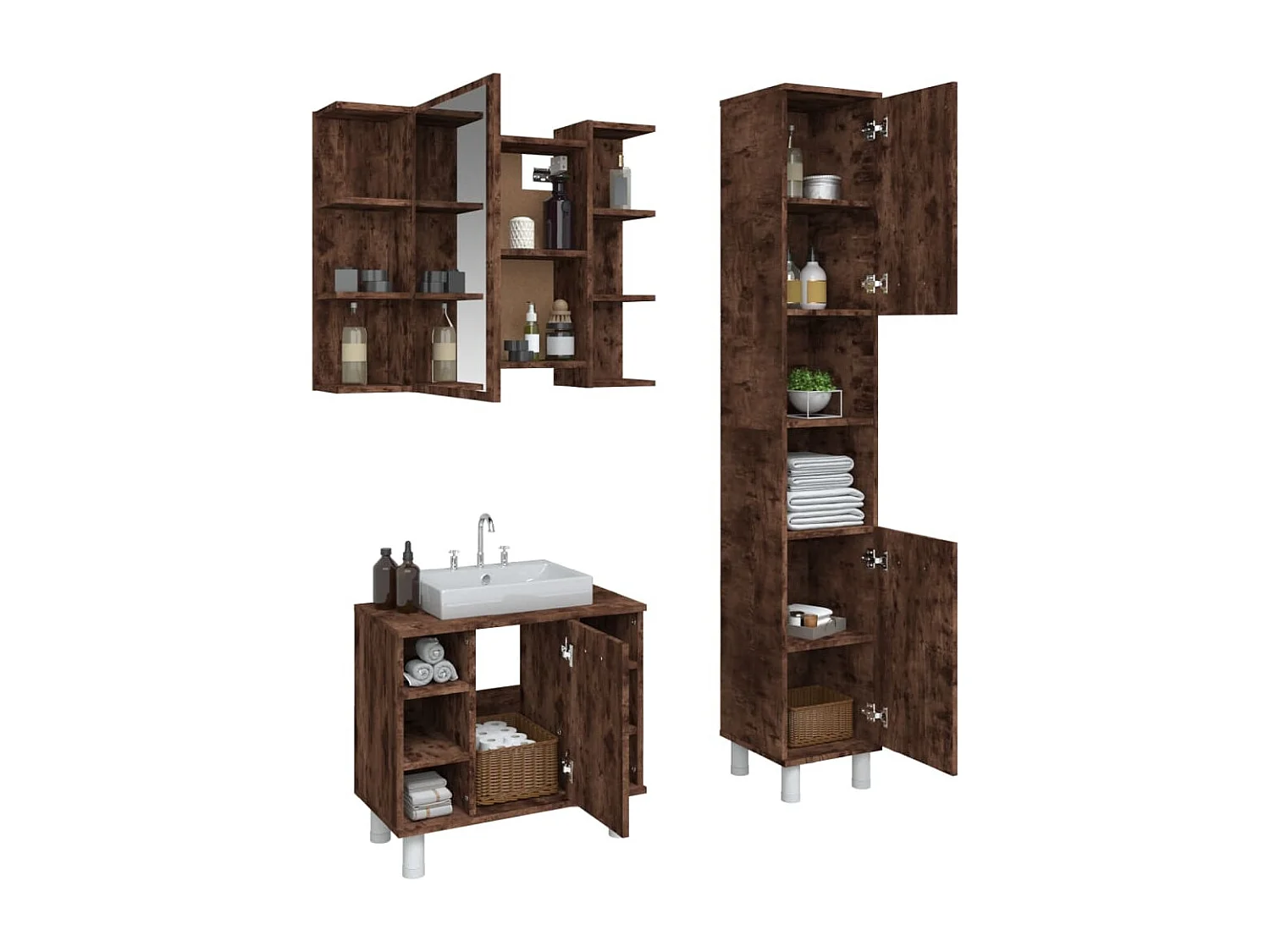 Set mobiletto da bagno da 3 pezzi in rovere affumicato