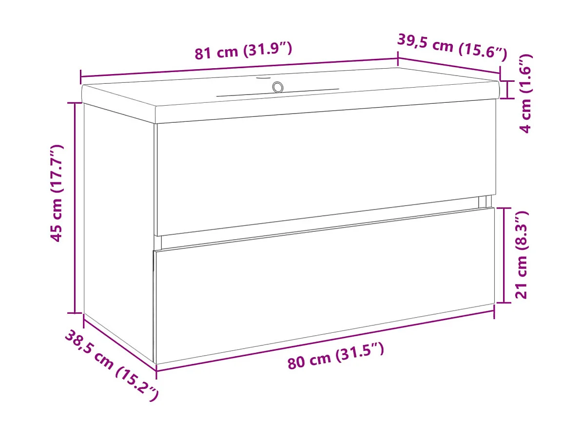 Set di mobili da bagno da 2 pezzi in ceramica e legno ingegnerizzato