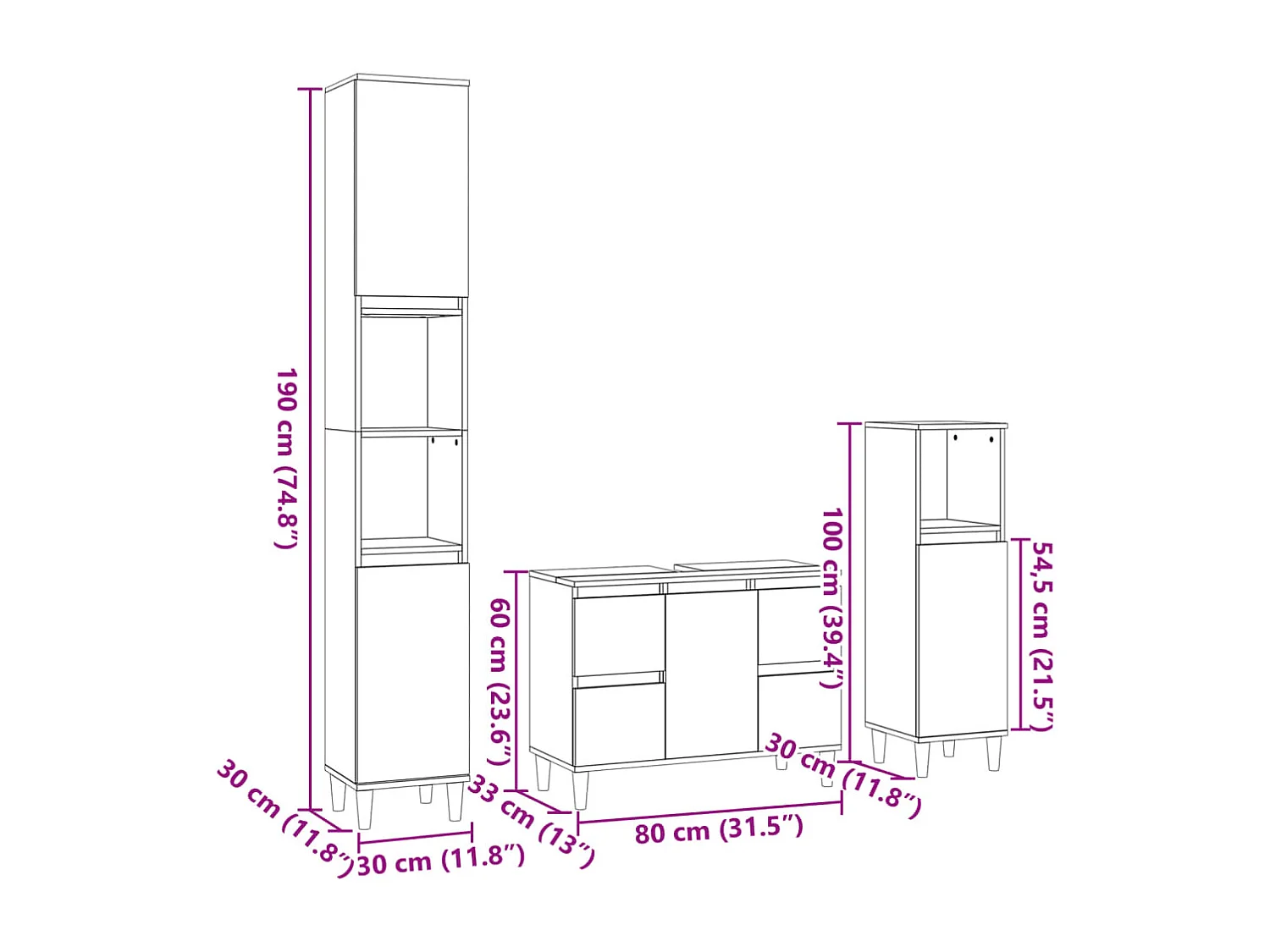 Set da bagno in rovere Sonoma da 3 pezzi