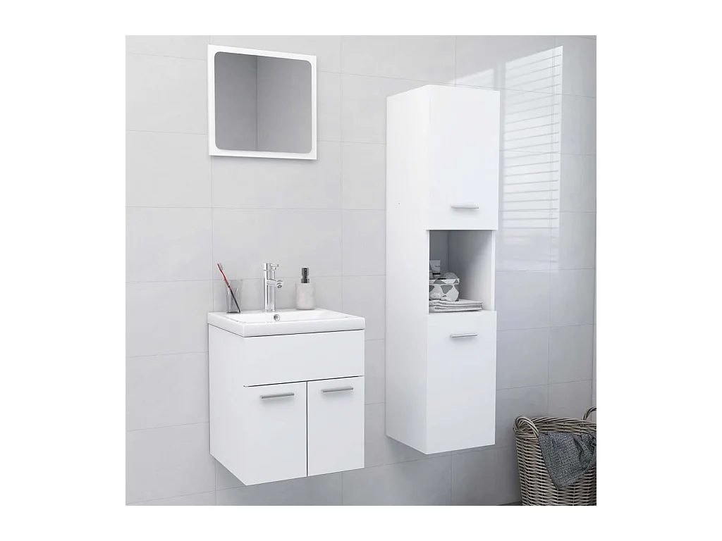 Conjunto de muebles de baño de aglomerado blanco.