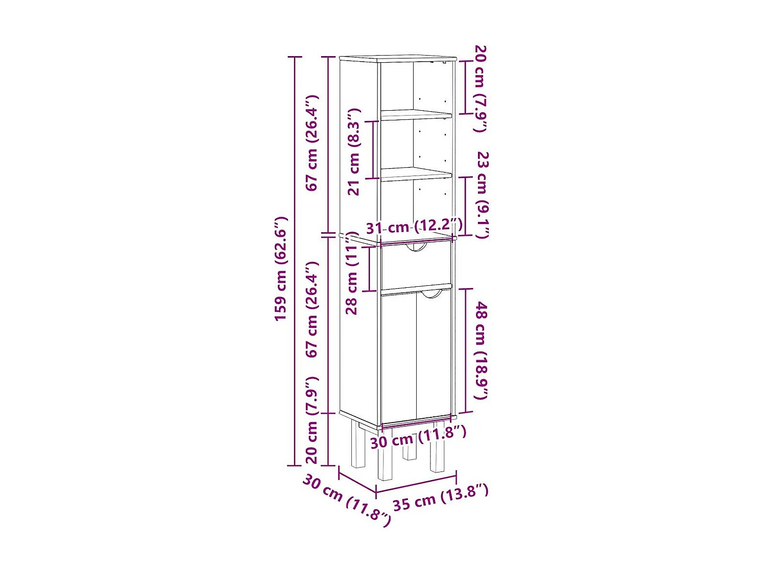 Móvel de banheiro OTTA 35x30x159 cm madeira maciça de pinho