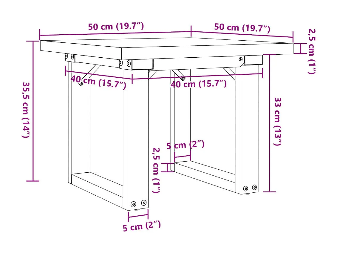 Table basse cadre en O 50x50x35,5cm bois de pin massif et acier