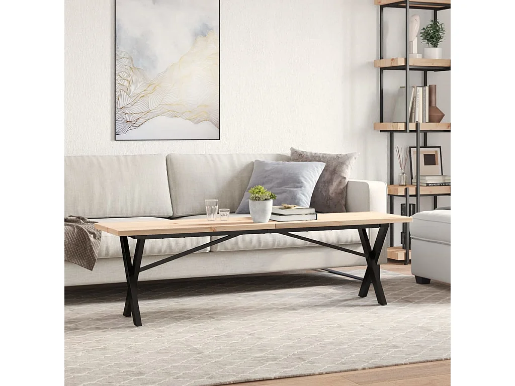 Table basse cadre en X 160x40x45,5 cm bois de pin massif acier