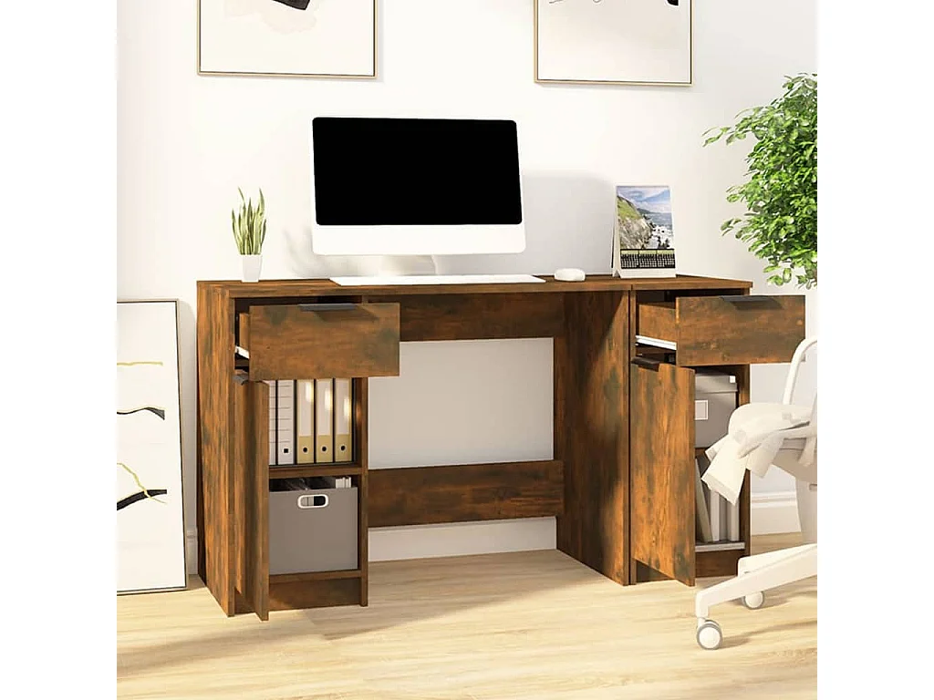 Bureau avec armoire latérale Chêne fumé Bois d'ingénierie