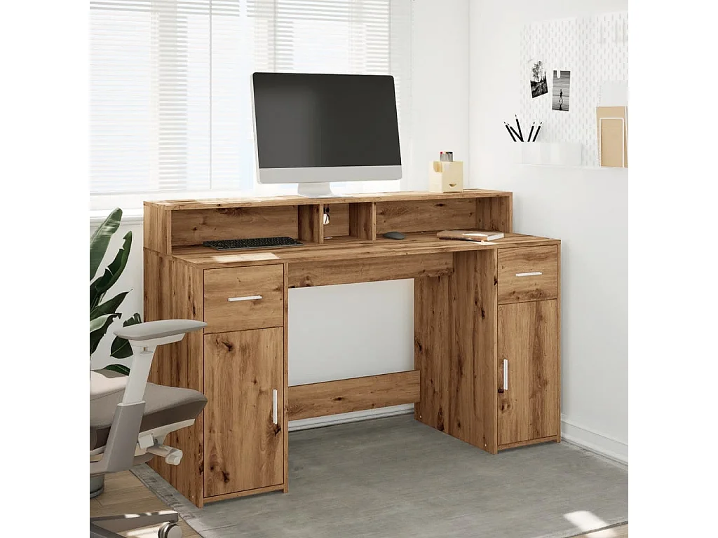 Bureau avec lumières LED chêne artisanal bois d'ingénierie